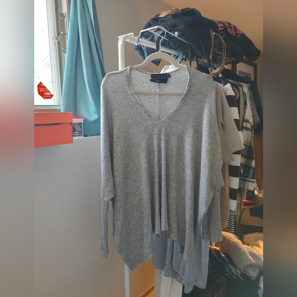 Workhall Grey Ribbed V-Neck Batwing Sweater
